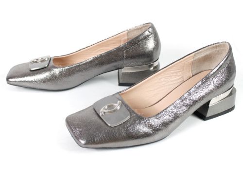 Pantofi damă cu toc mic din piele naturală culoare platină