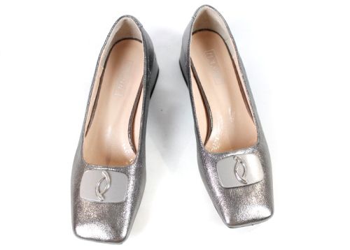 Pantofi damă cu toc mic din piele naturală culoare platină