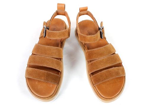Sandale damă din piele velur naturală culoare maro deschis