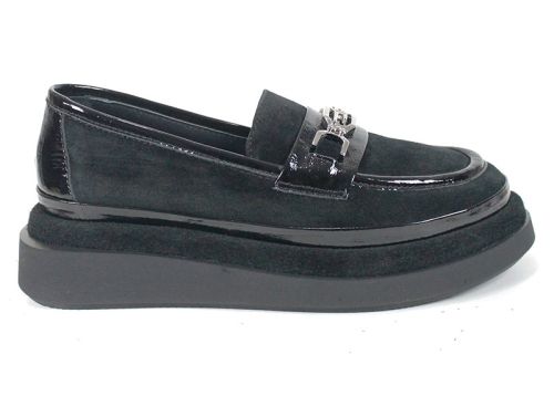 Mocasini damă Valentina Ricci din piele naturală velur și lac – negri cu platformă ușoară
