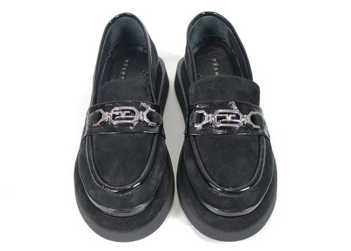 Mocasini damă Valentina Ricci din piele naturală velur și lac – negri cu platformă ușoară