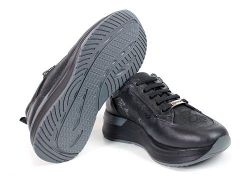 Pantofi sport damă negri din piele naturală cu fermoar lateral și branț cu memorie