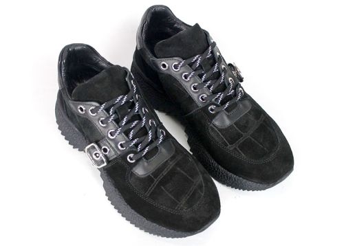 Pantofi sport de damă din piele întoarsă cu inserții din piele cu efect croco.
