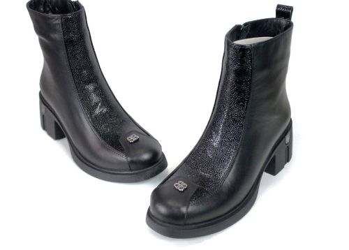Elena Marconi – Women's Black Leather Ankle Boots with Embossed Patent Leather