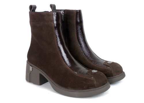 Elena Marconi – Women's Dark Brown Suede Ankle Boots with Embossed Patent Leather