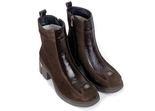 Elena Marconi – Women's Dark Brown Suede Ankle Boots with Embossed Patent Leather