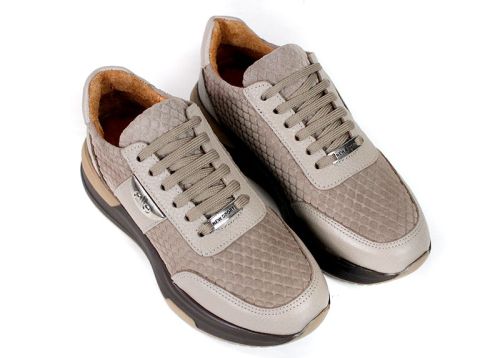 Lucia Ferraro – Pantofi sport de damă din piele întoarsă naturală embosată și piele naturală, culoare taupe