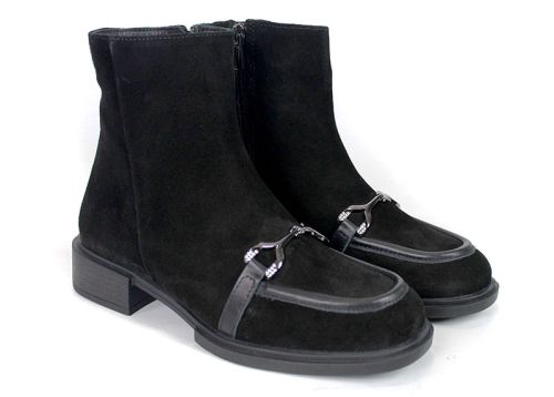 Eleganza Ghete Elegante de Damă din Piele Întoarsă Naturală Neagră cu Toc Jos