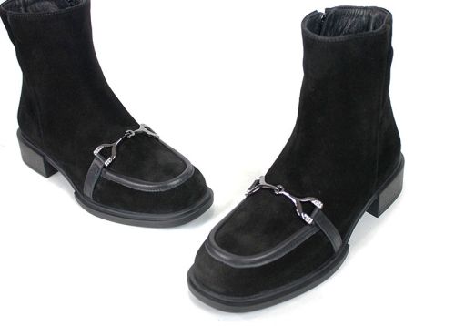 Eleganza Ghete Elegante de Damă din Piele Întoarsă Naturală Neagră cu Toc Jos