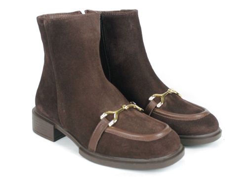 Eleganza – botine damă din piele întoarsă naturală maro închis, cu toc jos