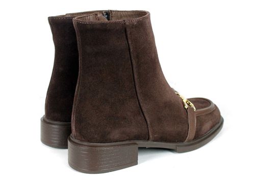 Eleganza – botine damă din piele întoarsă naturală maro închis, cu toc jos