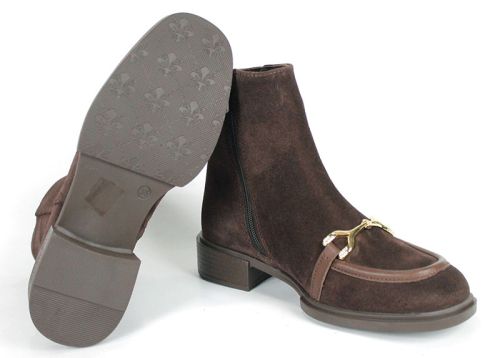 Eleganza – botine damă din piele întoarsă naturală maro închis, cu toc jos