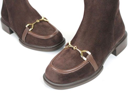 Eleganza – botine damă din piele întoarsă naturală maro închis, cu toc jos