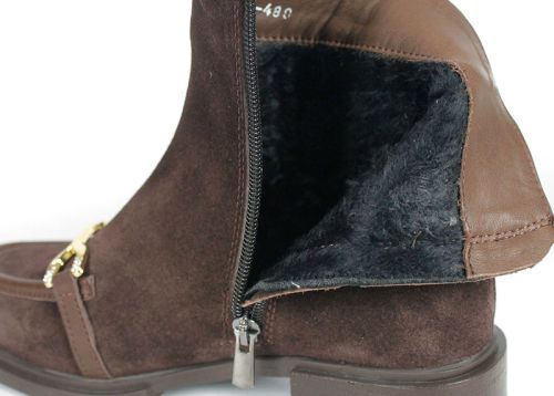 Eleganza – botine damă din piele întoarsă naturală maro închis, cu toc jos