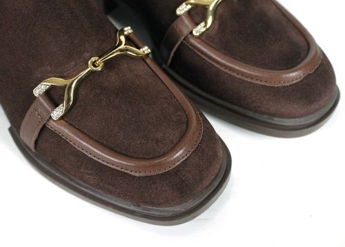 Eleganza – botine damă din piele întoarsă naturală maro închis, cu toc jos