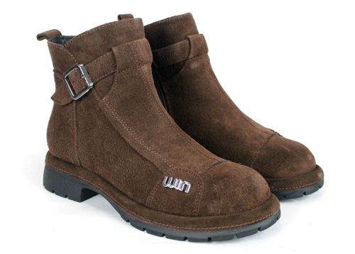 Noir Stella – Botine de damă de iarnă din piele întoarsă naturală maro închis, cu căptușeală călduroasă