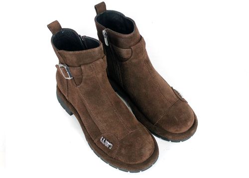Noir Stella – Botine de damă de iarnă din piele întoarsă naturală maro închis, cu căptușeală călduroasă