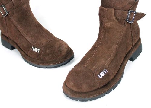 Noir Stella – Botine de damă de iarnă din piele întoarsă naturală maro închis, cu căptușeală călduroasă