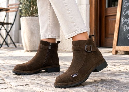 Noir Stella – Botine de damă de iarnă din piele întoarsă naturală maro închis, cu căptușeală călduroasă