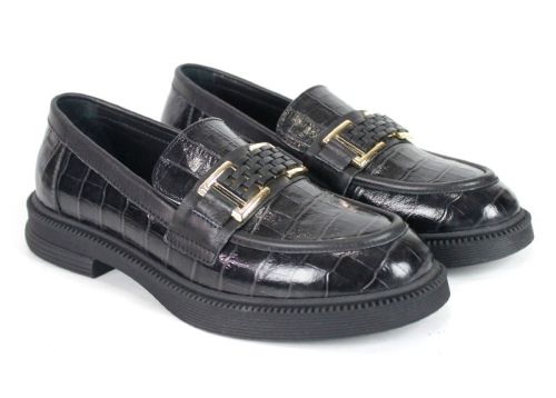 Mocasini de damă Terra Classica – piele naturală neagră cu imprimeu croco