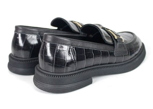 Mocasini de damă Terra Classica – piele naturală neagră cu imprimeu croco