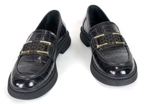 Mocasini de damă Terra Classica – piele naturală neagră cu imprimeu croco