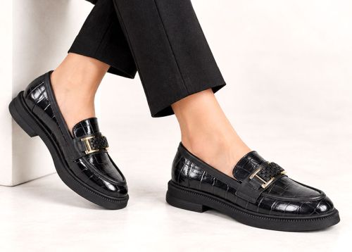 Mocasini de damă Terra Classica – piele naturală neagră cu imprimeu croco