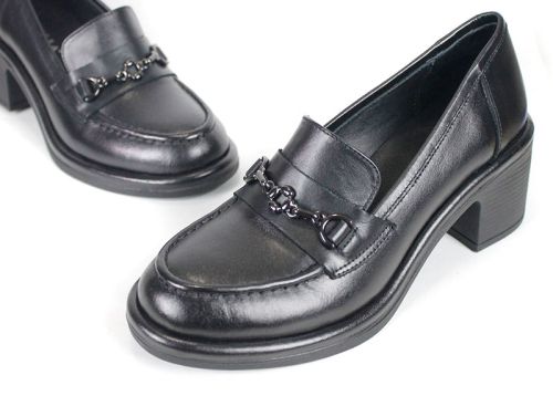 Mocasini de damă Giulia Moretti – piele naturală neagră, cu toc mediu