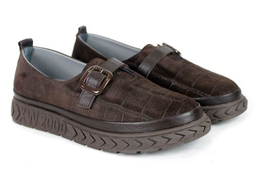 Lucia Ferrero Women's Casual Shoes – Brown Genuine Suede with Croc-Embossed Texture