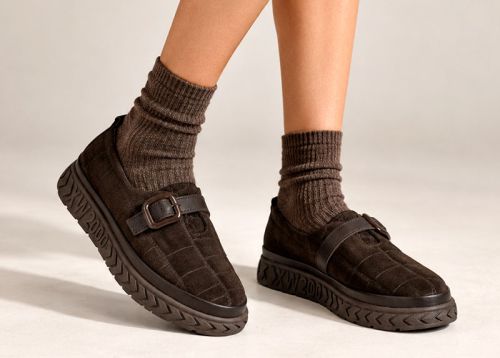 Brown Lucia Ferrero women's casual suede shoes with decorative buckle