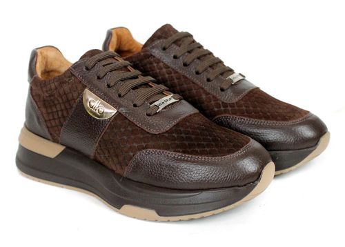 HelLucia Ferraro Women's Sneakers – Dark Brown Genuine Embossed Suede and Leather