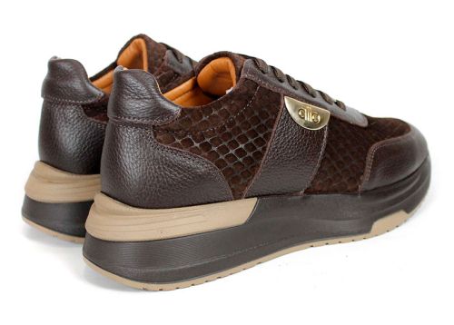 HelLucia Ferraro Women's Sneakers – Dark Brown Genuine Embossed Suede and Leather
