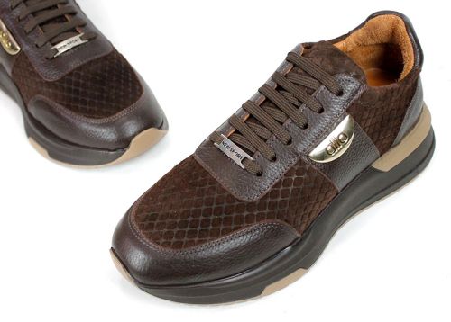 HelLucia Ferraro Women's Sneakers – Dark Brown Genuine Embossed Suede and Leather
