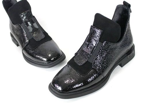 Noir Élise Women's Premium High-Vamp Shoes – Black Genuine Patent Leather with Shagreen Effect