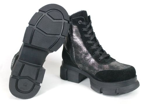 Ghete negre de damă din piele întoarsă cu accente din piele naturală argintie