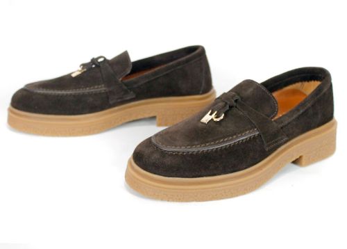 Dark brown women's genuine suede loafers with leather insole