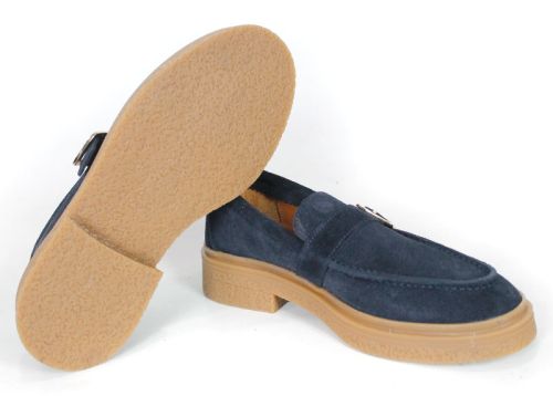 Mocasini damă din velur bleumarin cu cataramă metalică pătrată