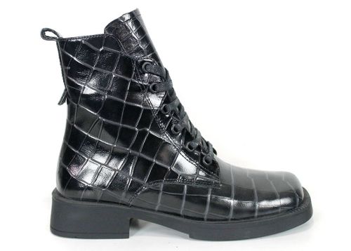 Women's Combat Boots in Black Glossy Genuine Leather with Croc Embossing