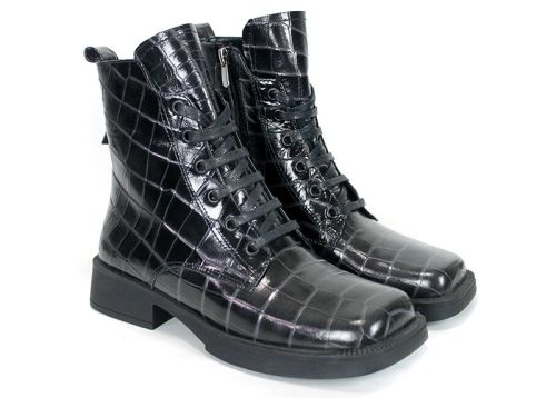 Women's Combat Boots in Black Glossy Genuine Leather with Croc Embossing