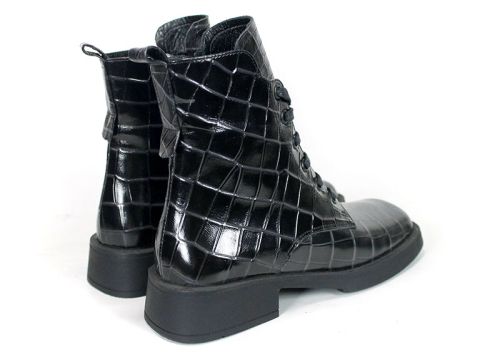 Women's Combat Boots in Black Glossy Genuine Leather with Croc Embossing