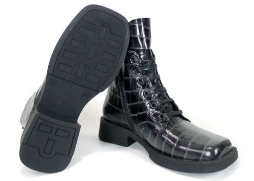 Women's Combat Boots in Black Glossy Genuine Leather with Croc Embossing
