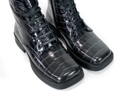 Women's Combat Boots in Black Glossy Genuine Leather with Croc Embossing