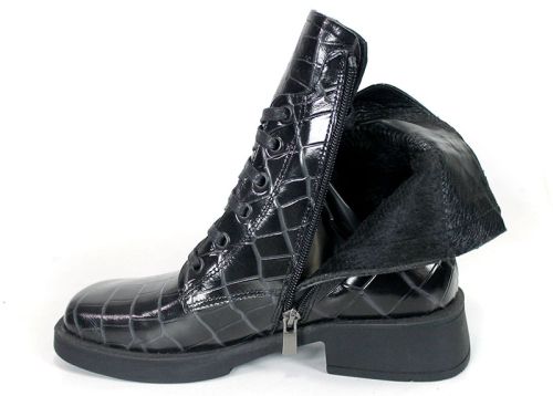 Women's Combat Boots in Black Glossy Genuine Leather with Croc Embossing