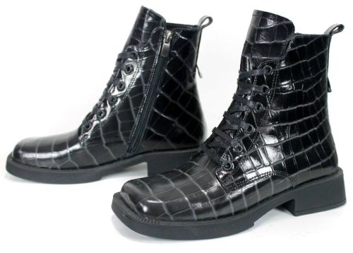 Women's Combat Boots in Black Glossy Genuine Leather with Croc Embossing
