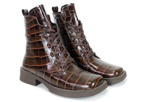 Camilla Orsini – Women's Combat Boots in Brown Glossy Genuine Leather with Croc Embossing