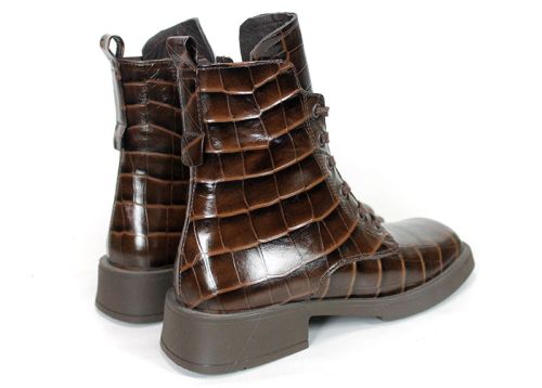 Camilla Orsini – Women's Combat Boots in Brown Glossy Genuine Leather with Croc Embossing