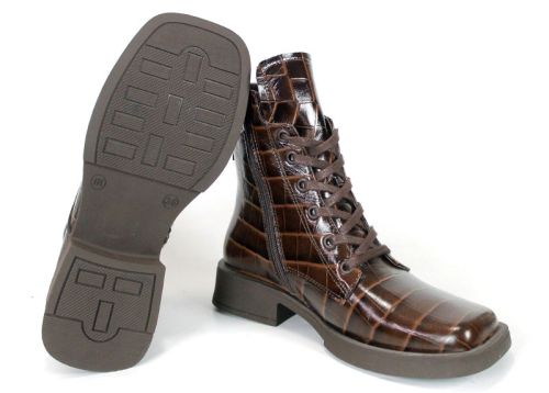 Camilla Orsini – Women's Combat Boots in Brown Glossy Genuine Leather with Croc Embossing