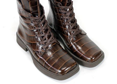 Camilla Orsini – Women's Combat Boots in Brown Glossy Genuine Leather with Croc Embossing