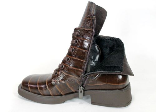 Camilla Orsini – Women's Combat Boots in Brown Glossy Genuine Leather with Croc Embossing
