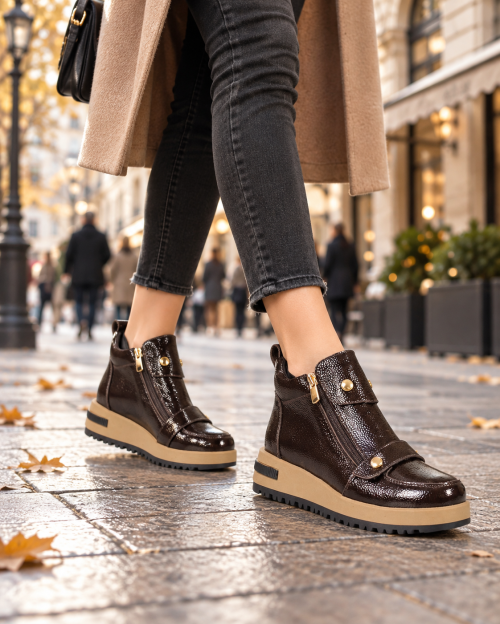Aurelia Fontana – botine damă din piele naturală granulată și lăcuită maro închis